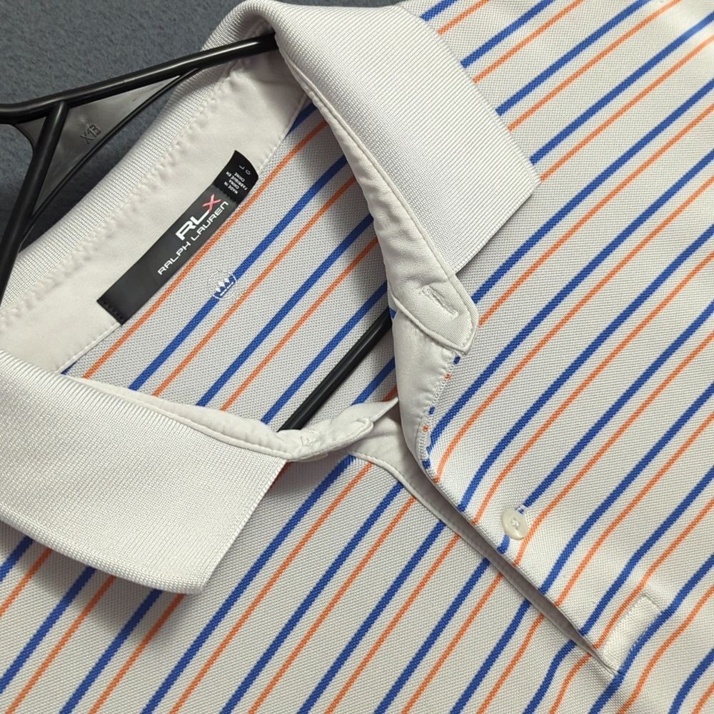 RLX Ralph Lauren Shirt Men's L White Orange Blue Stripes Polo Embroidered Sleeve